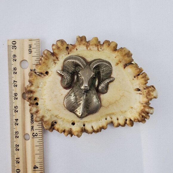 VTG Elk Antler Belt Buckle With Pewter Ram Big Horn Sheep Head Design 4x3 inches - Picture 6 of 8